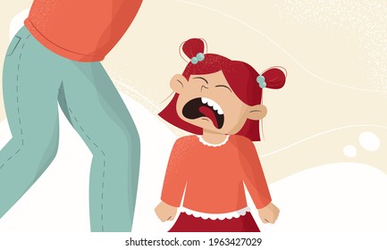 Crying girl demands something from her mom, defiantly refusing to listen to her. Young children having trouble with their feelings. Child tantrum and toddler anger parenting problems.