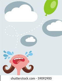 Crying girl, flying balloon. Vector illustration.