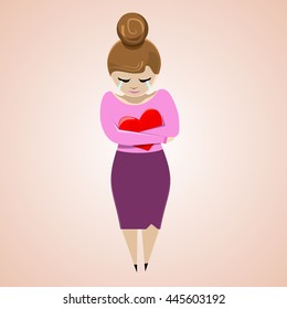 Crying girl with heart. Flat illustration. Vector