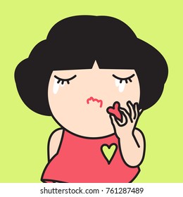 Crying Girl Holding And Squeezing Her Red Small Heart Tightly To Show Feeling Of Love Hurts Concept Card Character illustration