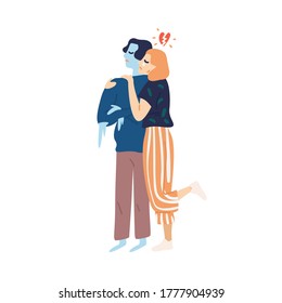 Crying girl hug cold avoidant male vector flat illustration. Woman with broken heart and coldness ignoring partner isolated on white. Nonreciprocal love, cooling senses, conflict or divorce