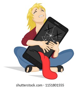 Crying girl hugging a broken smartphone. Depressed young woman with mobile phone. Cartoon phone with eyes and a mouth. Sad broken with cracks and scratches smartphone. Very upset girl.