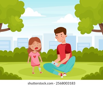 Crying Girl with Hurt Leg Sit on Lawn with Her Dad Vector Illustration