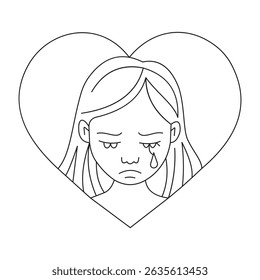 Crying Girl Inside a Heart Outline Conveying Emotion and Sadness in Black and White