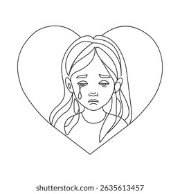 Crying Girl Inside a Heart Outline Conveying Emotion and Sadness in Black and White