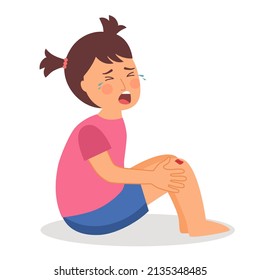 Crying Girl Kids Has Knee Bleed In Flat Design On White Background. Child Injured.