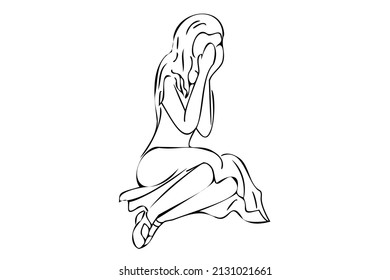 Crying girl, outline vector illustration. Sad girl sitting on the floor with skirt, holding her head with hands. Simple line art vector illustration