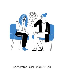 Crying girl at a psychologist's appointment. Psychotherapy concept of treating mental problems or depression. Female psychologist supports the client. Doosle linear vector illustration.