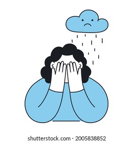 Crying girl and raining cloud. Sad mood, sadness, longing concept. Thin line isolated elegant vector illustration.