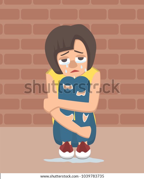 Crying Girl Sits Hugging Her Knees Vector De Stock Libre De Regalías