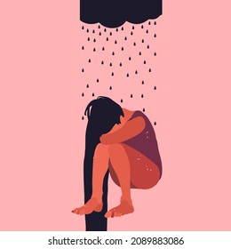 Crying girl sitting with her head down. A black cloud is hanging over her and it's raining. The concept of sadness, depressive state, vector illustration