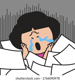 A Crying Girl With Tears Was Buried By A Pile Of Papers Concept Card Character illustration