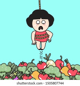 Crying Girl Are Tied Up With Hanging Rope To A Huge Pile Of Fresh Vegetables Concept Card Character illustration