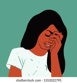 Crying girl wipes tears with her hand, sorrow, sadness, pain, depression mood, conception of sadness. Flat vector illustration