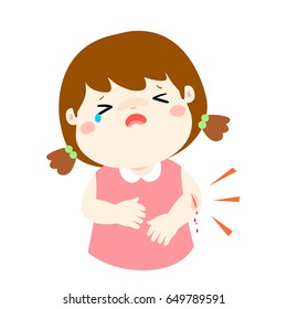 Crying girl with wounds from accident vector illustration.