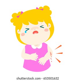 Crying girl with wounds from accident vector illustration.