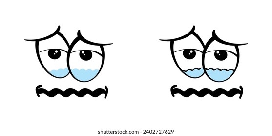 Crying, grieve face. watering eyes. Eyes full of tears. Cartoon comic sorrow face. Sad expression. Tears and expression. Sick or illness face. distress, aggrieve mouth. Cry, water drop person.