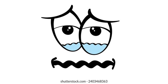 Llorando, cara de duelo. ojos de agua. Ojos llenos de lágrimas. Caricatura de la cara de dolor del cómic. Triste expresión. Lágrimas y expresión. Enfermedad o enfermedad. angustia, boca agrietante. Llorar, la persona que cae agua.