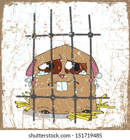 Crying hamster in a cage. Grunge vector illustration.