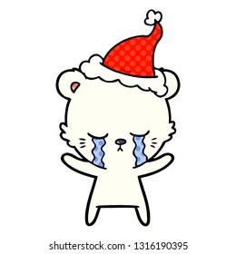 crying hand drawn comic book style illustration of a polarbear wearing santa hat