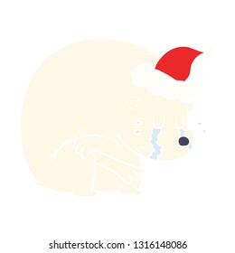 crying hand drawn flat color illustration of a polar bear wearing santa hat