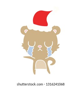 crying hand drawn flat color illustration of a bear wearing santa hat