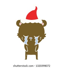 crying hand drawn flat color illustration of a bear wearing santa hat