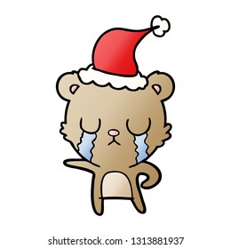 crying hand drawn gradient cartoon of a bear wearing santa hat