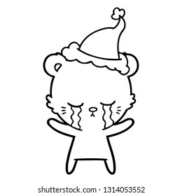 dibujo de una línea dibujada a mano que llora un oso de la polarosa usando sombrero de santa