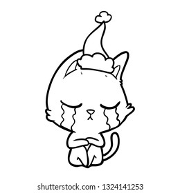 crying hand drawn line drawing of a cat sitting wearing santa hat
