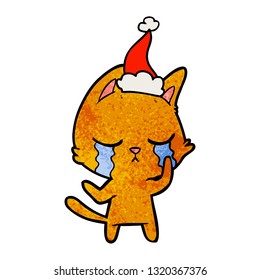 crying hand drawn textured cartoon of a cat wearing santa hat