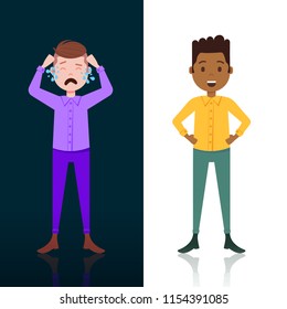 crying and happy man character white dark side mix race male template for design work and animation full length vertical flat vector illustration