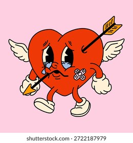 Corazón llorando con flechas y alas de dibujos animados para el día de San Valentín