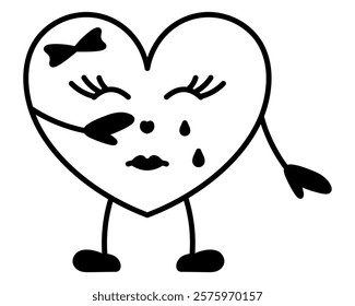 Crying heart shaped character. Girl in love symbol shape. Sadness on face, eyes closed with tears dripping from them, wiping tears with hand. Sketch. Vector illustration. Doodle style. Coloring book.