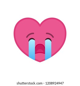 Crying heart shaped funny emoticon icon. Weeping pink emoji symbol. Social communication and online chatting vector element. Sobbing face showing facial emotion. Valentine's day mascot in flat style