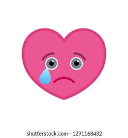 Crying heart shaped funny emoticon icon. Melancholy pink emoji symbol. Social communication and online chatting vector element. Tragic face showing facial emotion. Valentine's day mascot in flat style