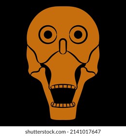 Crying human skull with open mouth. Native American symbol of Aztec Indians. Halloween design. Black and orange silhouette on black background.