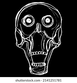 Crying human skull with open mouth. Native American symbol of Aztec Indians. Hand drawn linear doodle rough sketch. White silhouette on black background.