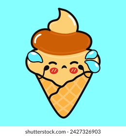 Crying Ice cream character. Vector hand drawn cartoon kawaii character illustration icon. Isolated on blue background. Sad Ice cream character concept