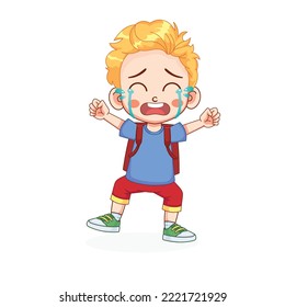 Crying kid boy wearing a backpack vector illustration. The kid boy goes to school.
