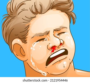 Crying Kid With A Nosebleed. Healthcare Illustration, Medical Illustration. Vector Illustration. 