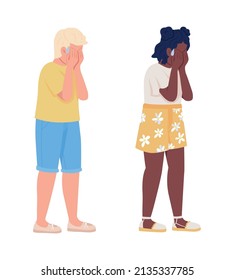 Crying kids semi flat color vector characters set. Standing figures. Full body people on white. Lost kid. Child panic attack simple cartoon style illustration for web graphic design and animation