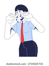 Crying korean office worker intern wiping tears 2D cartoon character. Workplace burnout. Female employee newbie emotional distress flat vector person isolated on white. Spot illustration colorful