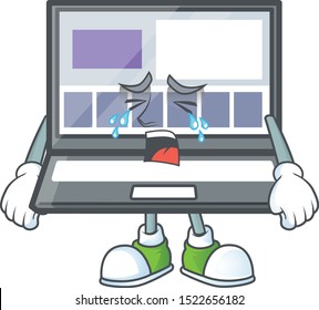 Crying laptop cartoon mascot on white background.