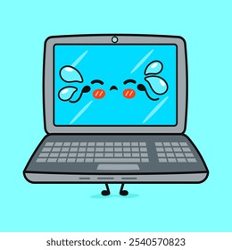 Crying Laptop character. Vector hand drawn cartoon kawaii character illustration icon. Isolated on blue background. Sad Laptop character concept