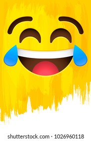 Crying of laughter happy smiley face on yellow paint wall vector illustration 