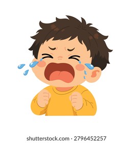 Crying little boy cartoon character with tears streaming down his cheeks, clenched fists, messy brown hair, flushed cheeks, and sad expression. Flat vector illustration isolated on a white background.