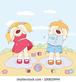 crying little boy and girl play outside