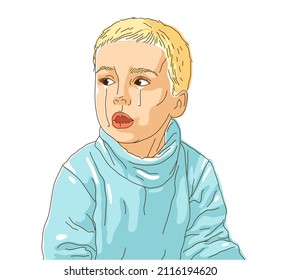 Crying little boy kid unhappy and emotional in tantrum vector illustration, cute child is crying with tears.
