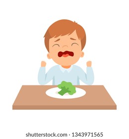 Crying Little Boy Refusing to Eat Broccoli. Kid Does Not Like Healthy Food Vector Illustration